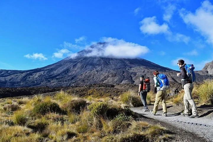 Randonneurs marchant sur un sentier avec l'impressionnant mont Ngauruhoe en vue.